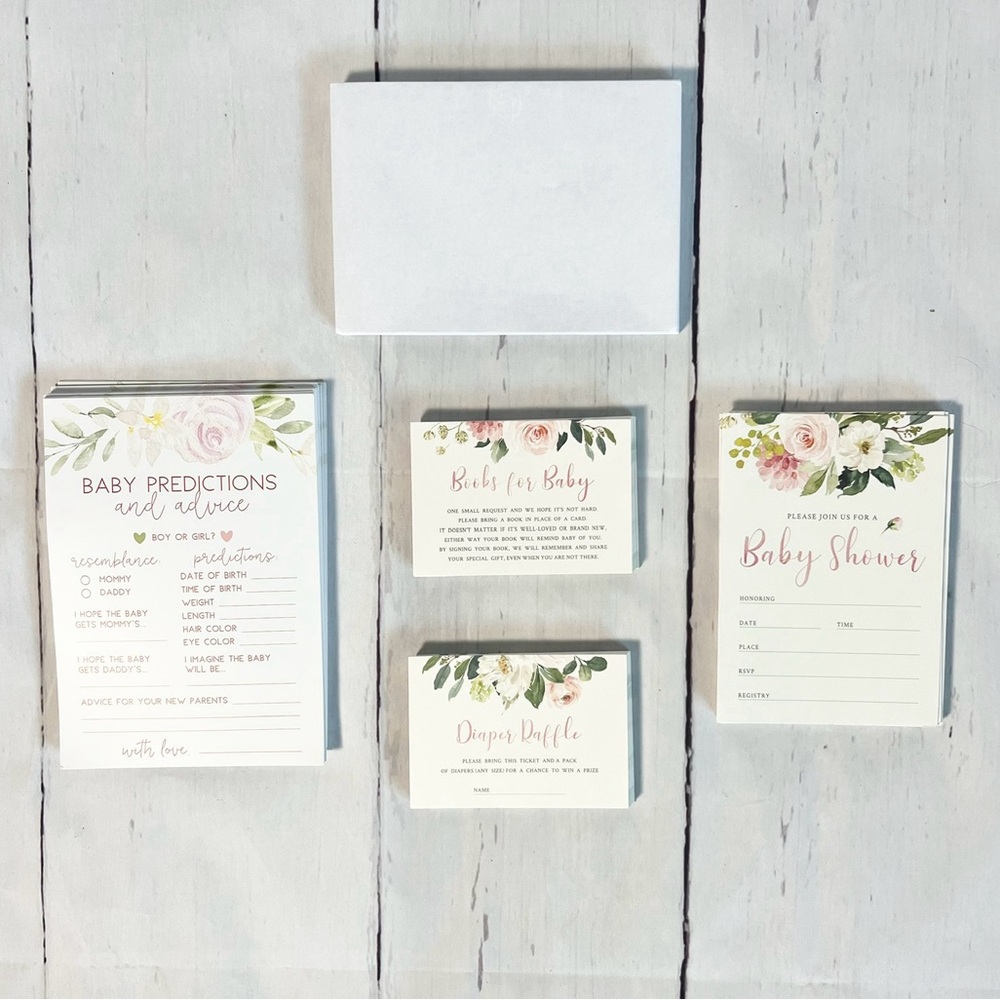 Party Graphix Floral Baby Shower Invitation Game Set Diaper Raffle Pack 110pc